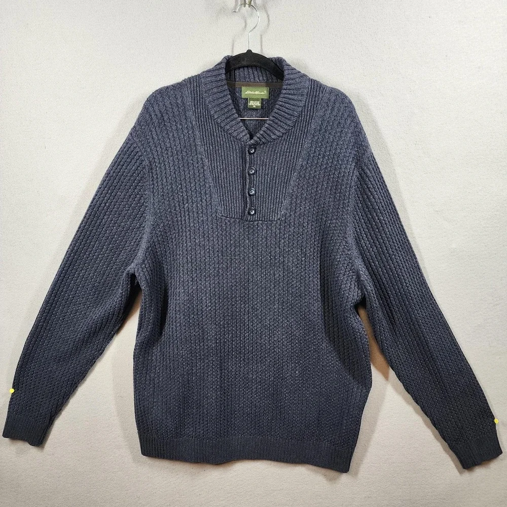 Eddie Bauer Mens Henley Pullover Sweater XL Blue 100% Cotton Knit Chunky Y2K - Picture 1 of 7